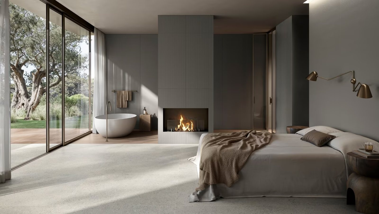 Camera da letto con pavimento in gres effetto pietra